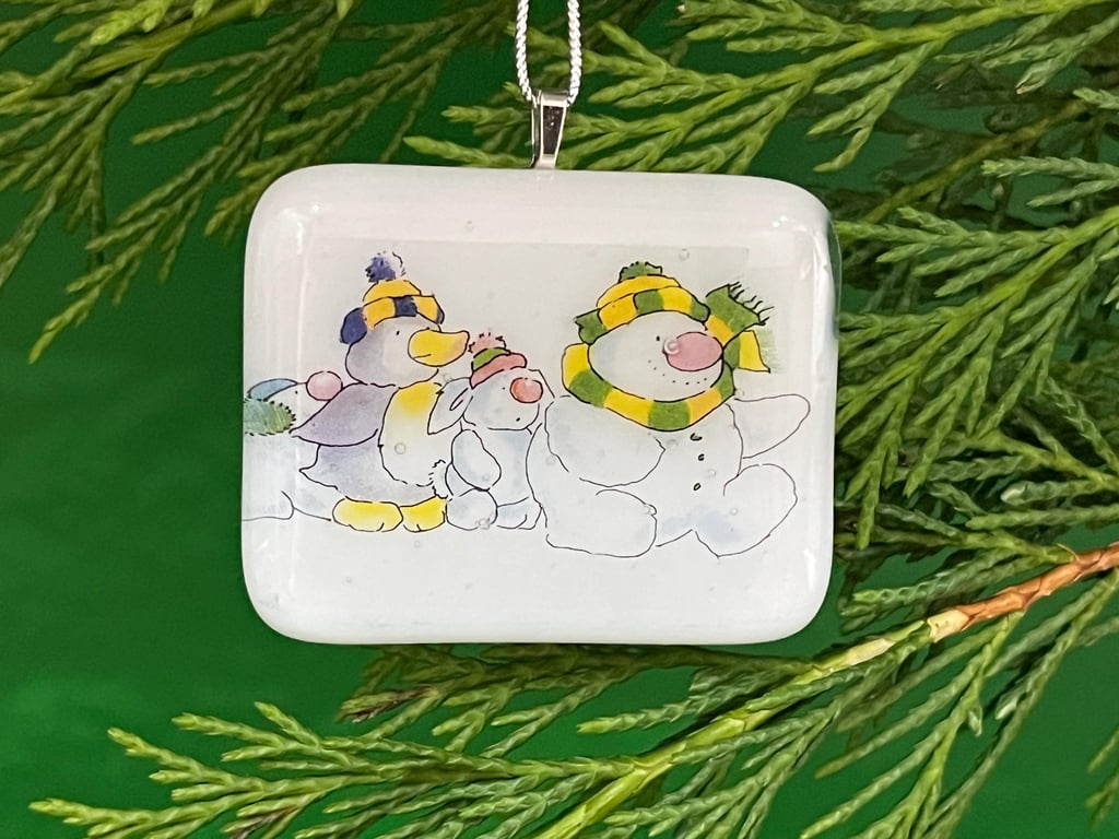 Handcrafted Fused Glass Christmas Ornament: Snowman Family Keepsake Card (Scotla