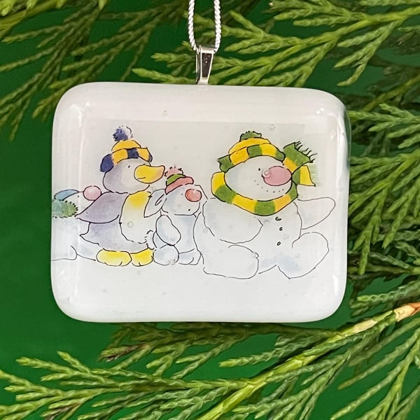 Handcrafted Fused Glass Christmas Ornament: Snowman Family Keepsake Card (Scotla