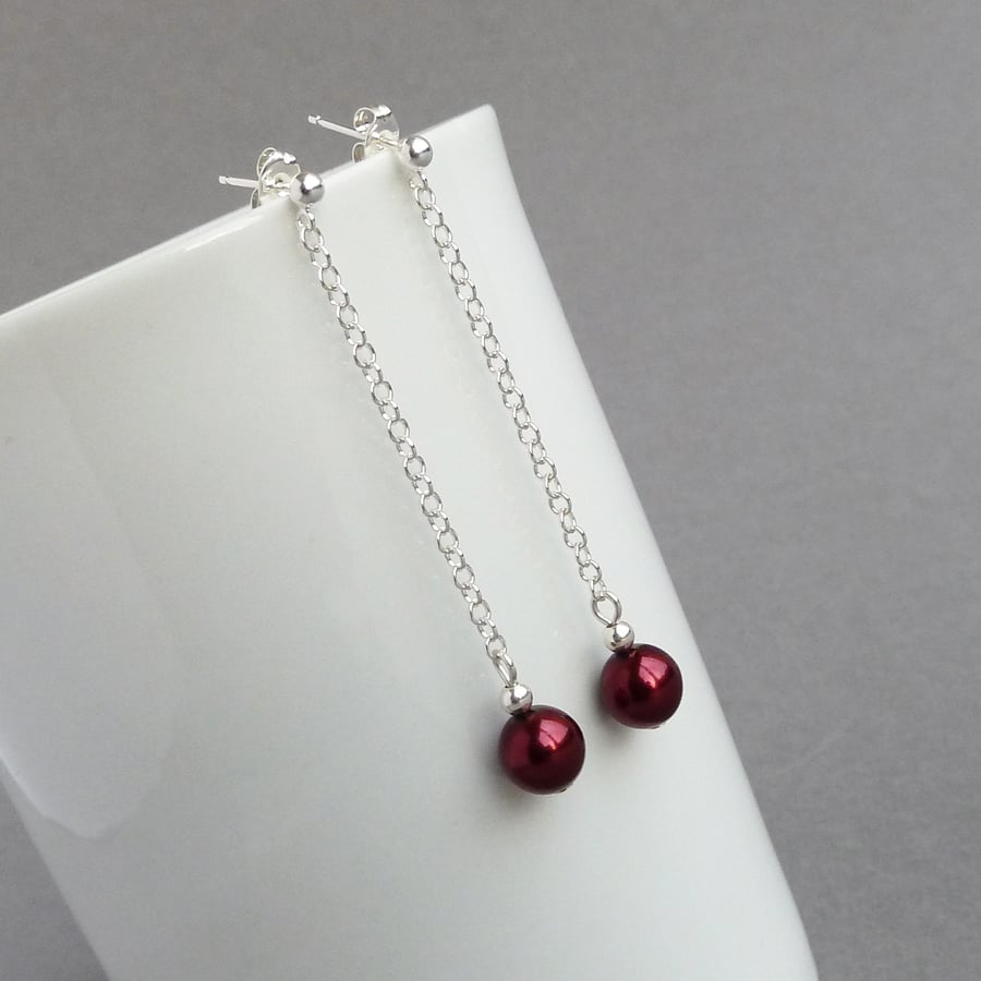 Long Burgundy Pearl Drop Earrings - Dark Red Bridesmaids or Wedding Jewellery