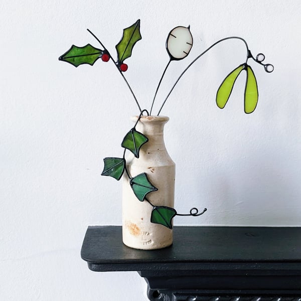 Stained Glass Christmas Flowers, Choice of Holly, Ivy, Mistletoe and Honesty 