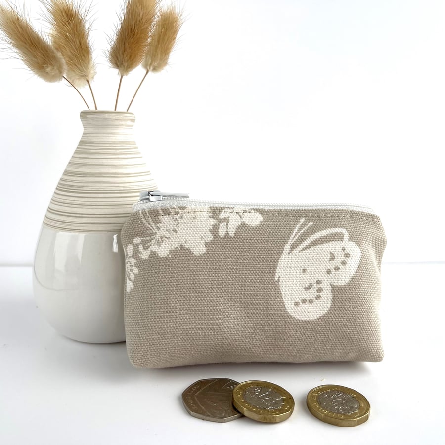 Small Purse, Coin Purse in Beige with White Butterfly