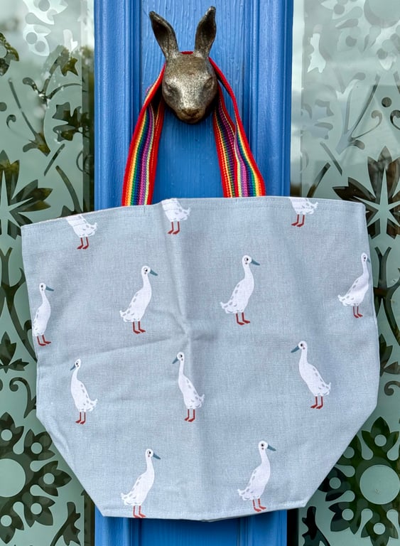 Small countryside duck tote bag - calm grey-blue outer and rainbow webbing