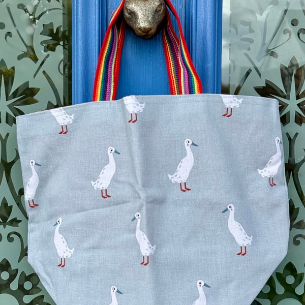 Small countryside duck tote bag - calm grey-blue outer and rainbow webbing