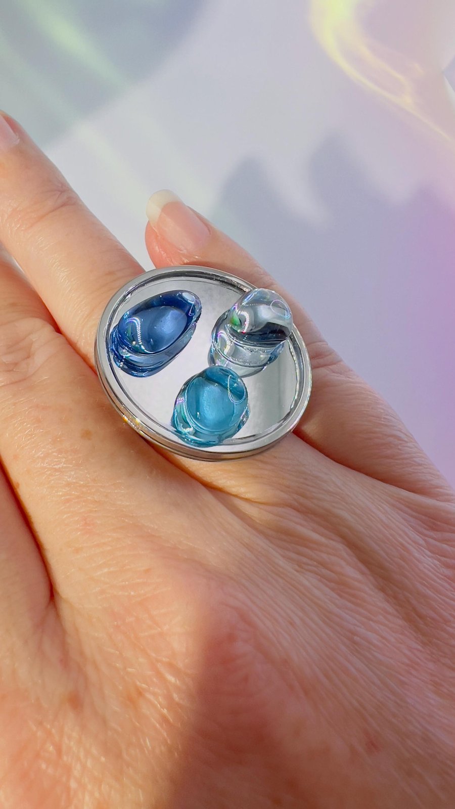 Blue Ocean Glass Mirror Pebble Ring, Wearable Art