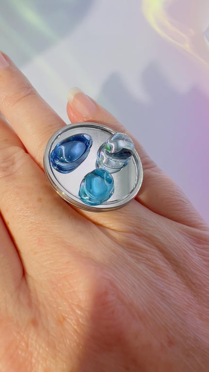 Blue Ocean Glass Mirror Pebble Ring, Wearable Art
