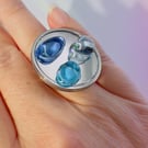 Blue Ocean Glass Mirror Pebble Ring, Wearable Art