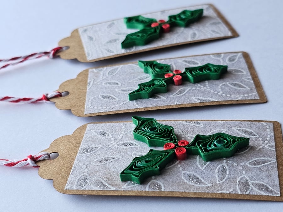 Unique Handmade Quilled Holly Gift Tags Pack of 3