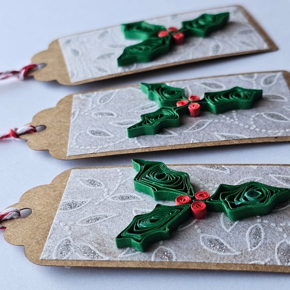 Unique Handmade Quilled Holly Gift Tags Pack of 3