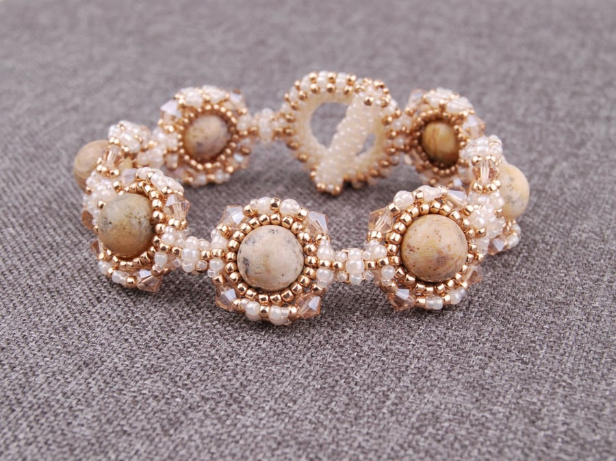 Fossil coral gemstone beaded bracelet in ivory and gold, Statement bracelet