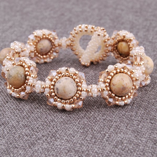 Fossil coral gemstone beaded bracelet in ivory and gold, Statement bracelet