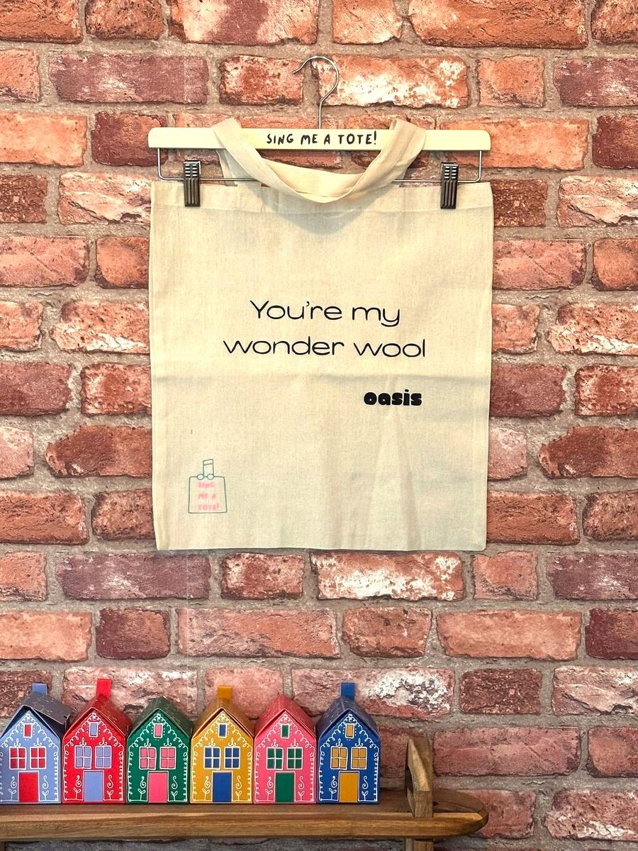 Wool storage tote bag for knitting or crochet featuring an oasis song pun. 