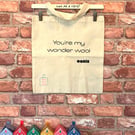 Wool storage tote bag for knitting or crochet featuring an oasis song pun. 