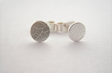 Silver Stud Earrings  - small dainty, round, pure leaf imprint
