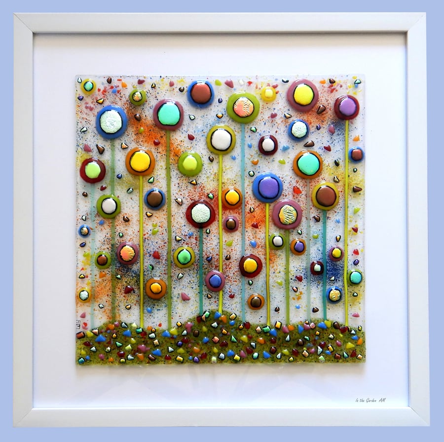 HANDMADE FUSED GLASS 'IN THE GARDEN' PICTURE.