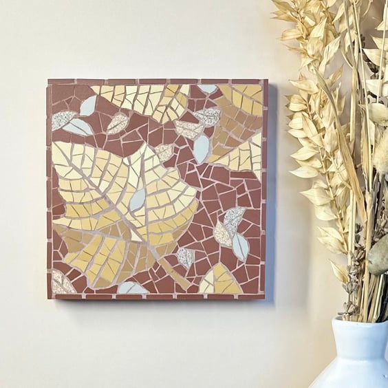 Mosaic Botanical Art - Autumn Leaf Mosaic Wall Plaque in Brick Red