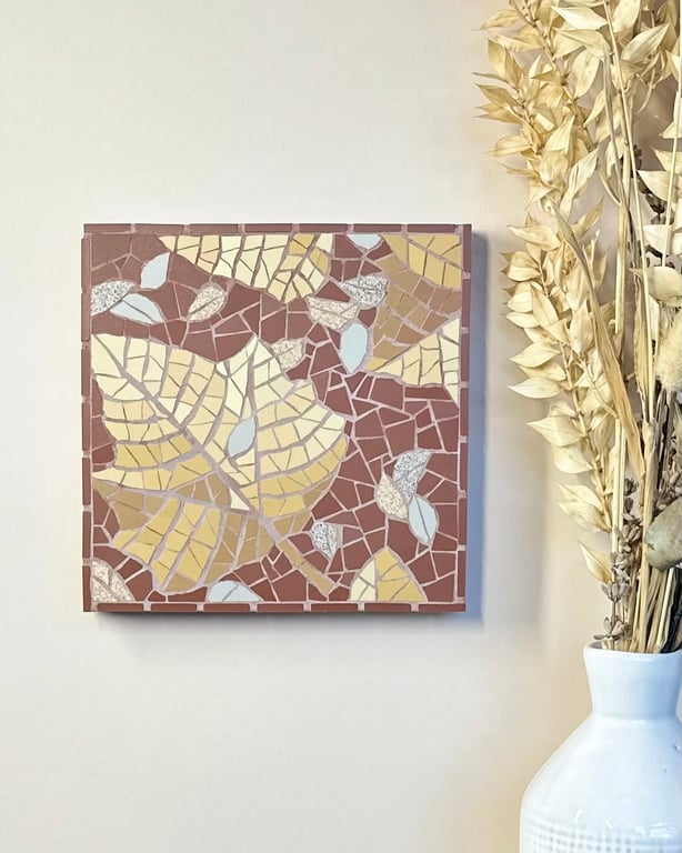 Mosaic Botanical Art - Autumn Leaf Mosaic Wall Plaque in Brick Red