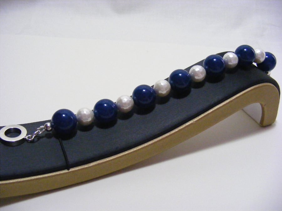 Blue Quartz and White Shell Pearl Bracelet