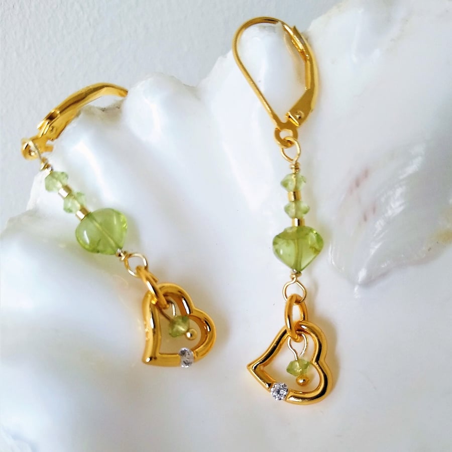 Gold Peridot Heart Earrings, Gold Heart Gemstone Drop Leverback Earrings