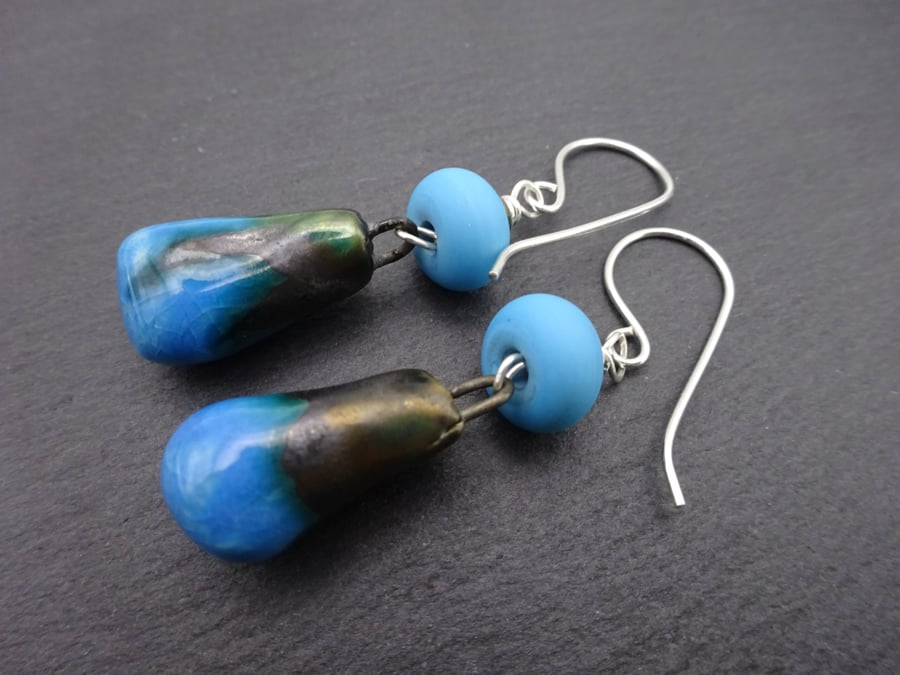 blue lampwork glass, ceramic and sterling silver earrings