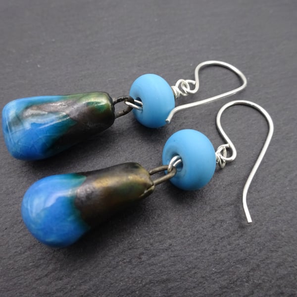 blue lampwork glass, ceramic and sterling silver earrings