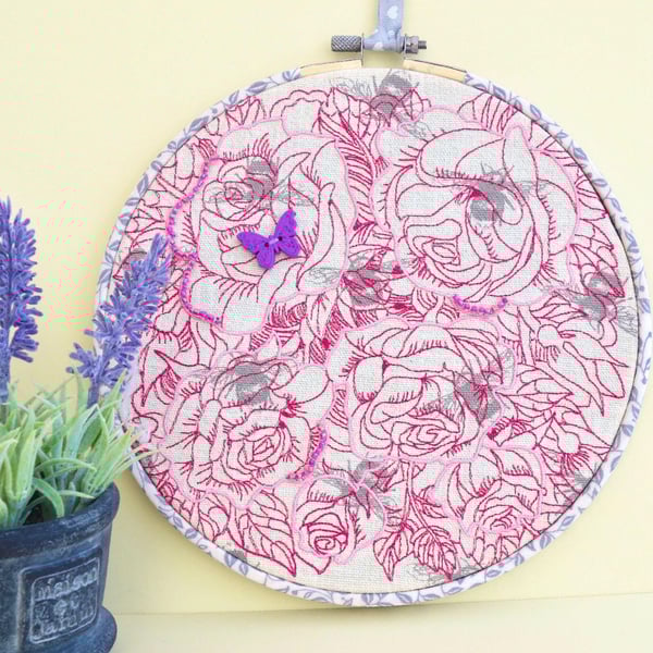 Roses & Bees Embroidery Hooped Decoration 20cm (8”) ready to hang