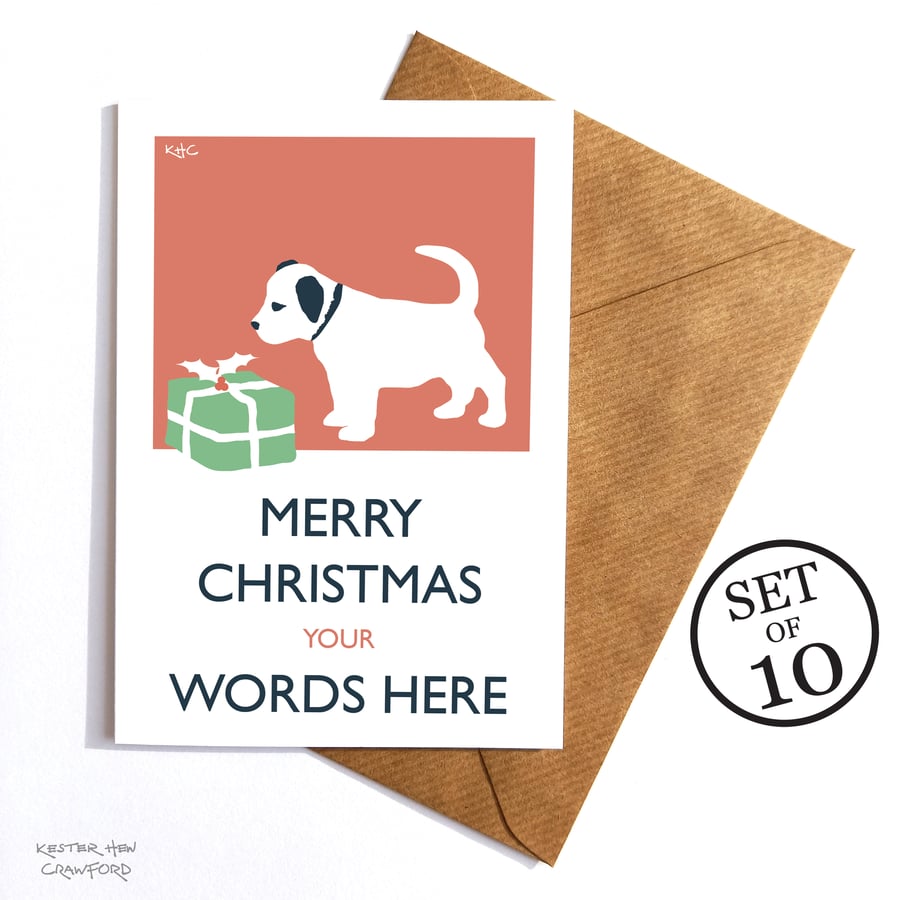 Set of 10 Personalised Vintage Style Puppy Christmas Cards with Envelopes