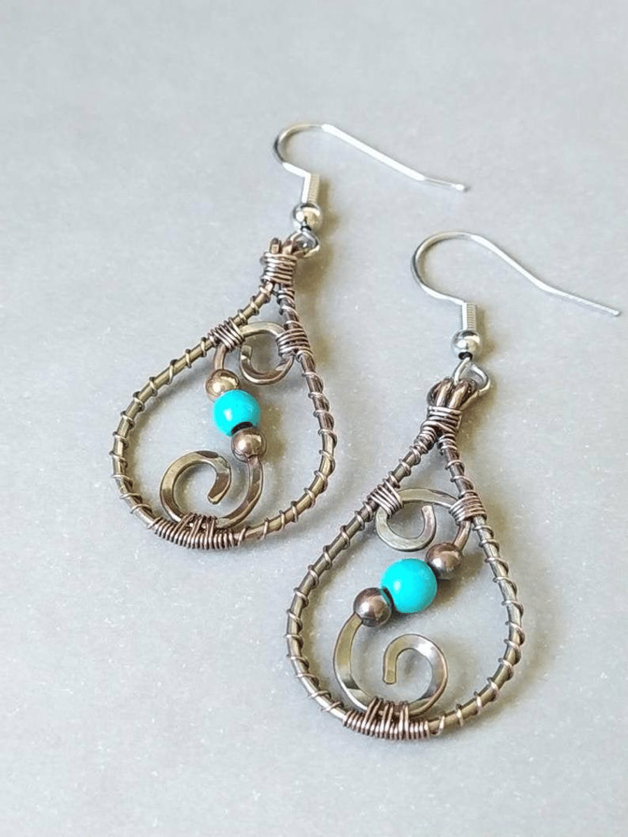 Teardrop Swirly Oxidised Copper Earrings with Blue Magnesite