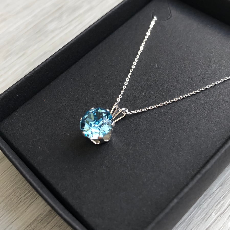 Aquamarine Swarovski Crystal Sterling Silver Necklace 