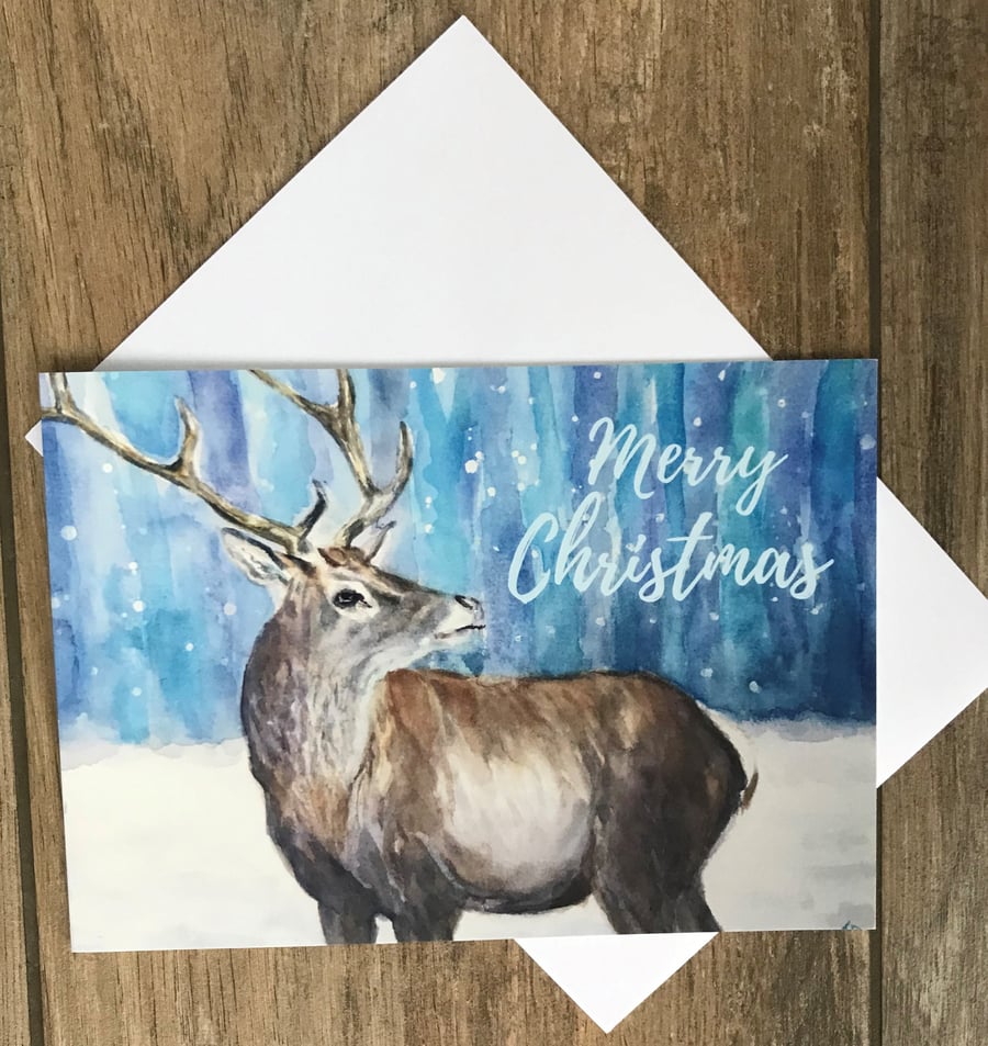 Large stag in snow Christmas card by British artist