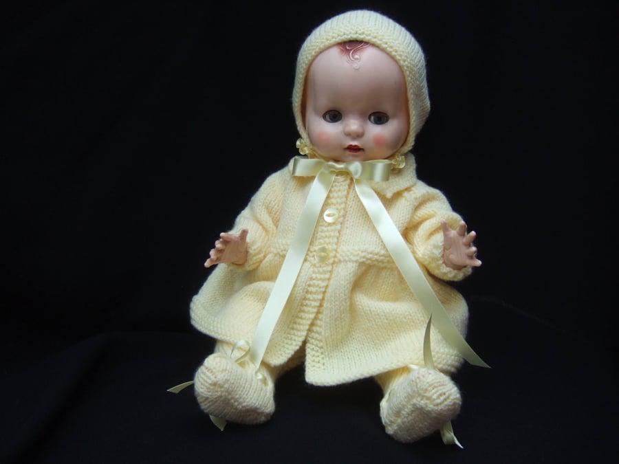 Clothes for 18” Pedigree Doll. Knitted Pram Suit in Lemon D.K. Fifties Style. 