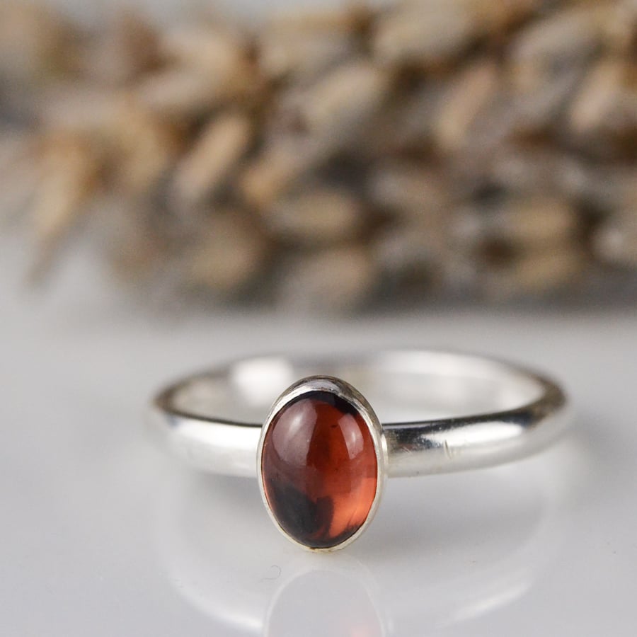 Oval cabochon garnet sterling silver stacking ring