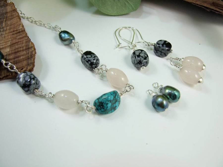 Necklace and Earring Set, Sterling Silver and Gemstone Multi Way Wear Earrings