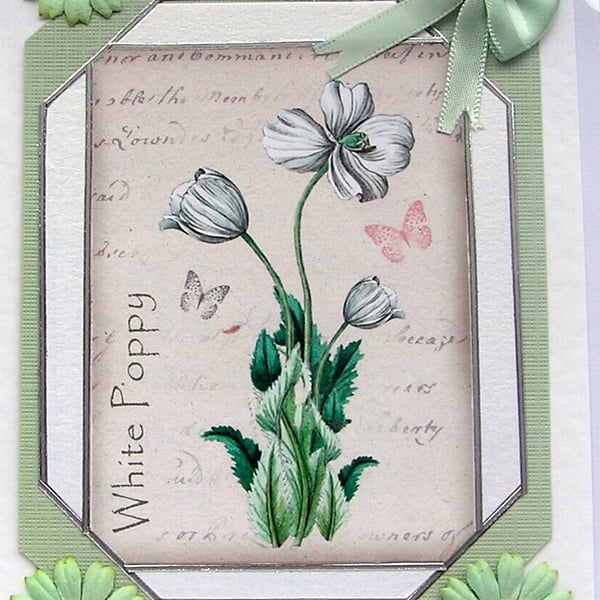White Poppy Hand Crafted Decoupage Card - Blank for any Occasion (2392)