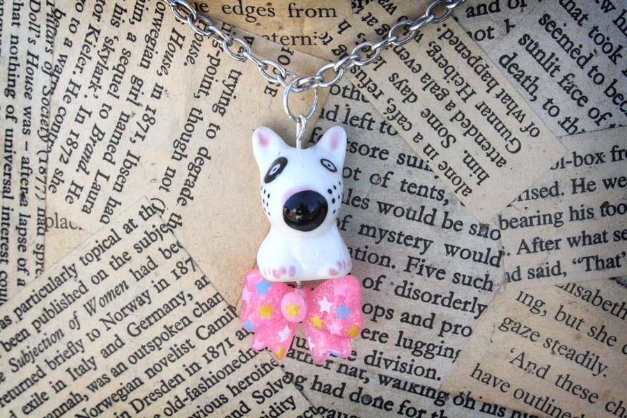 Ceramic Dog Pink Bow Kitsch Charm Silver Tone Necklace