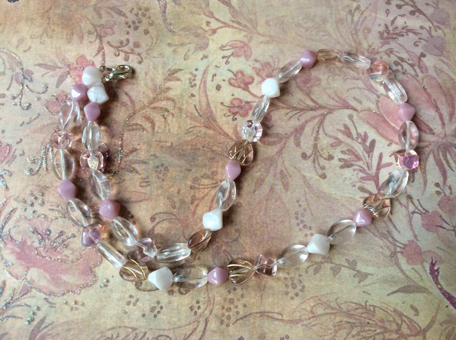 Pretty Pastel Pink and Clear Glass  Bead Necklace