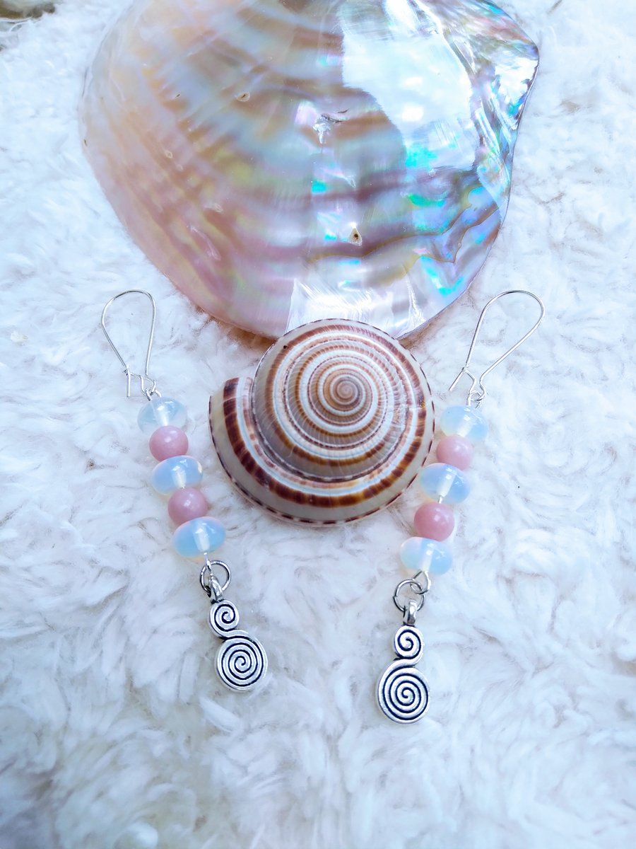 Moonstone & Pink Opal beaded EARRINGS with Tibetan silver charms