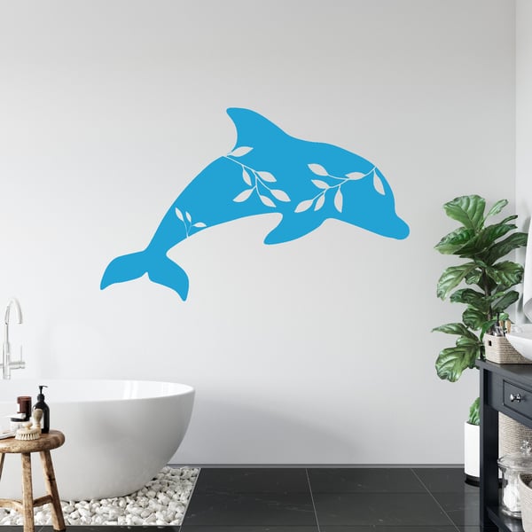 Bathroom Wall Dolphin Vinyl Sticker Elegant Leaf Pattern Animal Silhouette