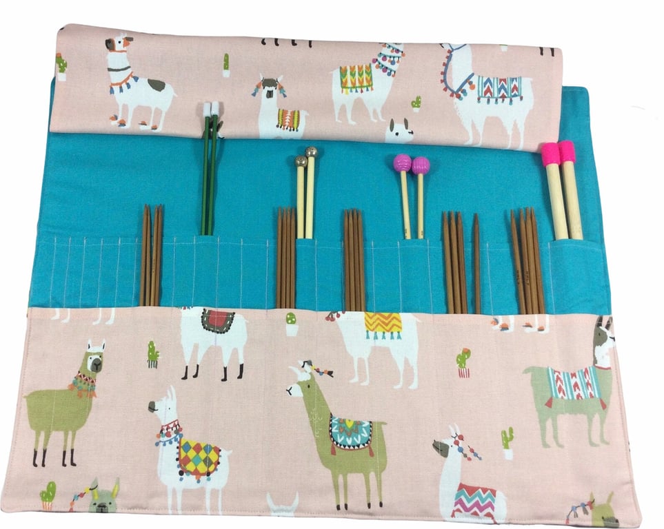 Straight and double pointed knitting needle case with alpacas, knitting needle p