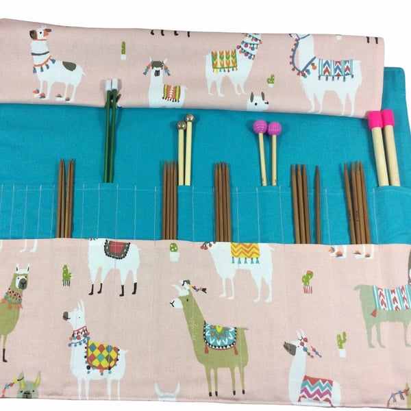 Straight and double pointed knitting needle case with alpacas, knitting needle p