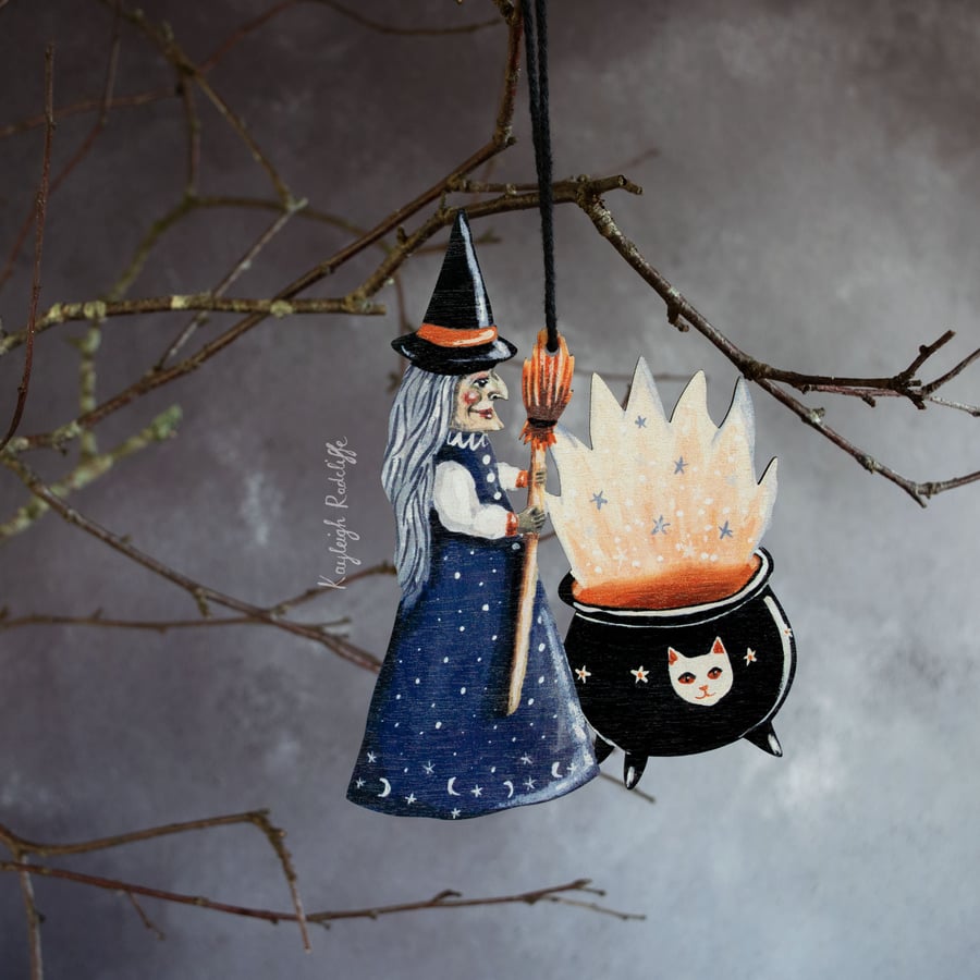 Christine the witch Halloween hanging decoration, double sided, made from wood
