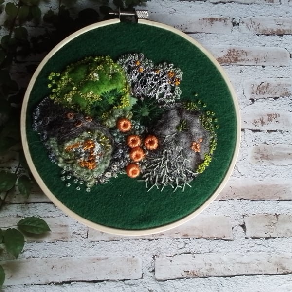 Hand embroidered mossy wall art