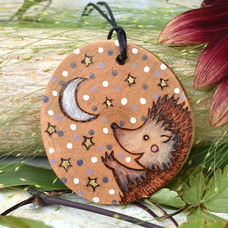 Stargazing hedgehog hanging disc. Pyrography cute personalised decoration.