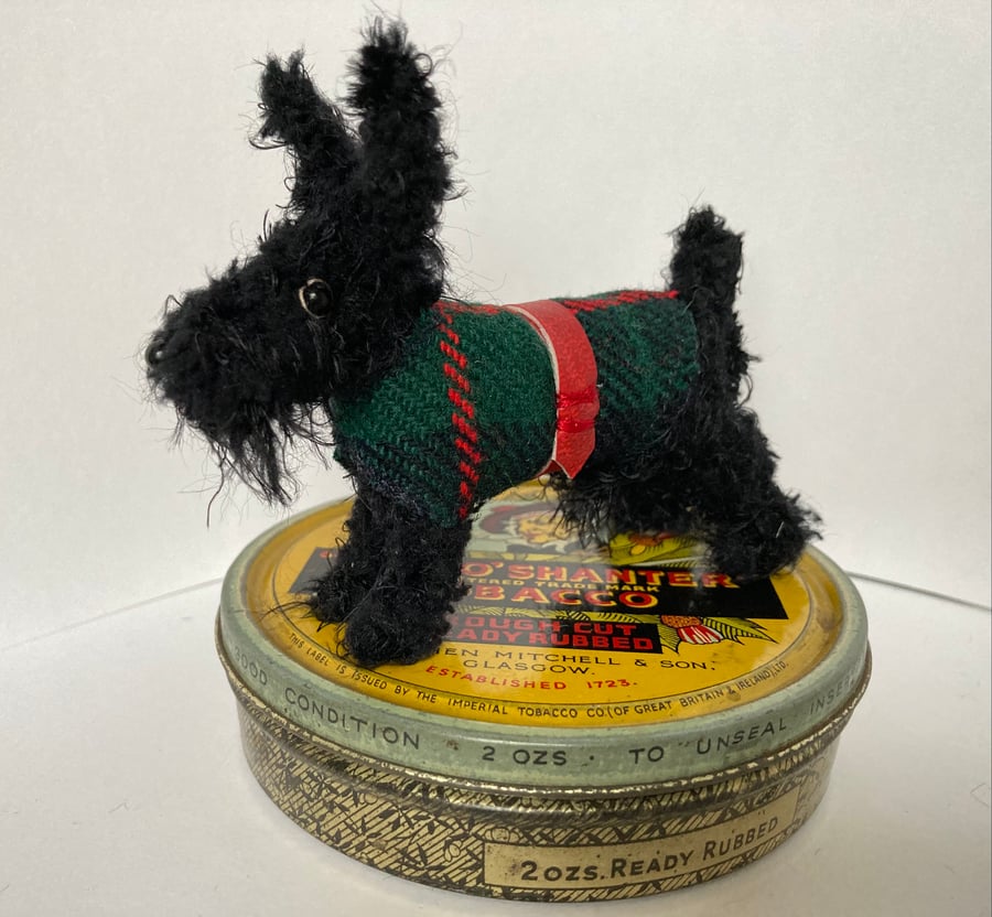 Miniature Handmade Scottie Dog on a Vintage Tam O’Shanter Tin. 