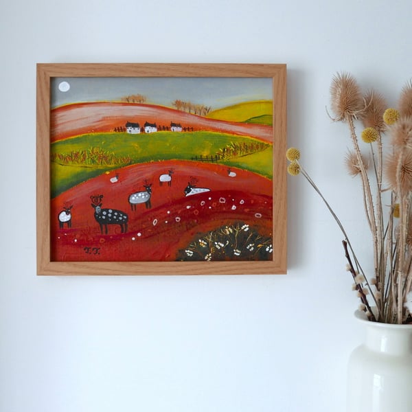 Autumn Landscape Painting, Sheep Illustration, Countryside Artwork 