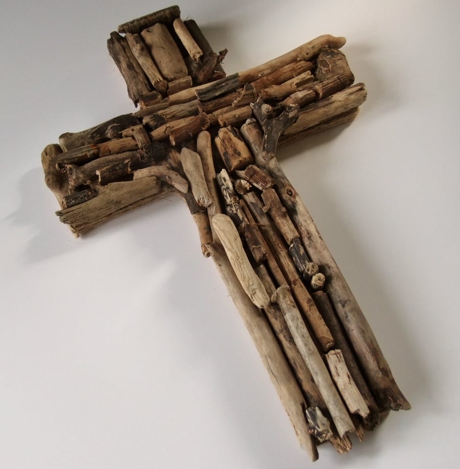 Crucifix or cross of Jesus, made from Cornish driftwood, natural & rustic.