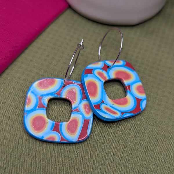 Orange and blue square dangle earrings 