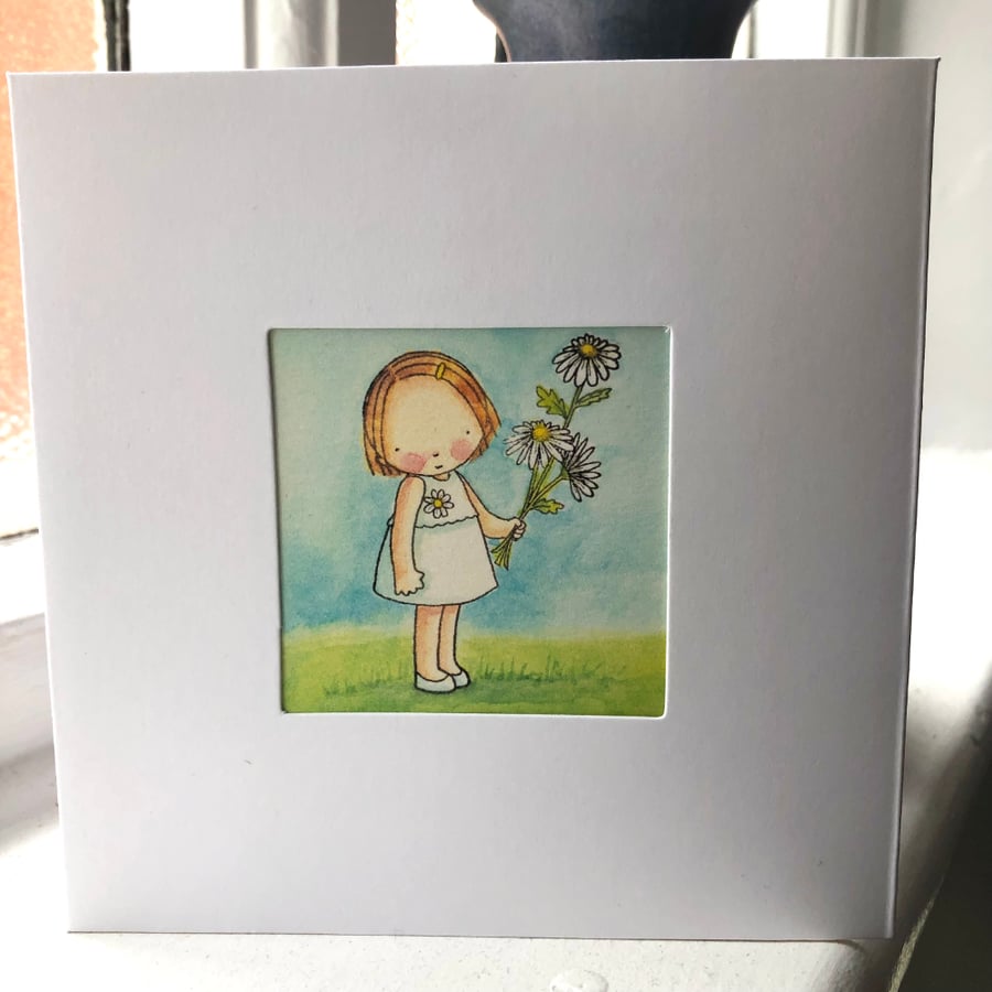 Birthday Card, Mother's Day Card, Cute girl Holding a Bunch of Daisy flowers