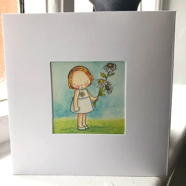 Birthday Card, Mother's Day Card, Cute girl Holding a Bunch of Daisy flowers
