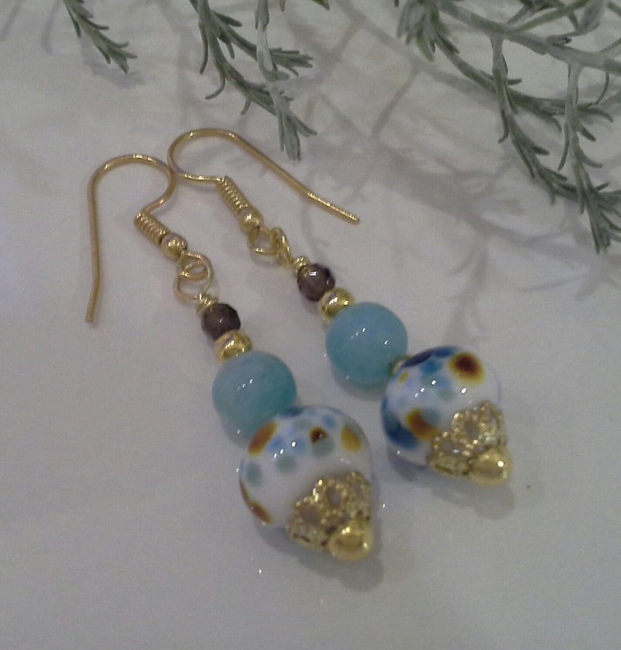 Hand Made Lampwork Bead, Quartzite, Smokey Quartz, Gold Plated