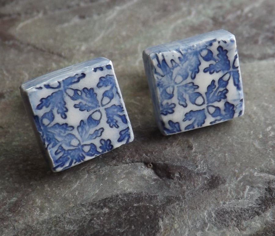 Handmade Ceramic and sterling silver Oak Leaf square stud earrings in blue